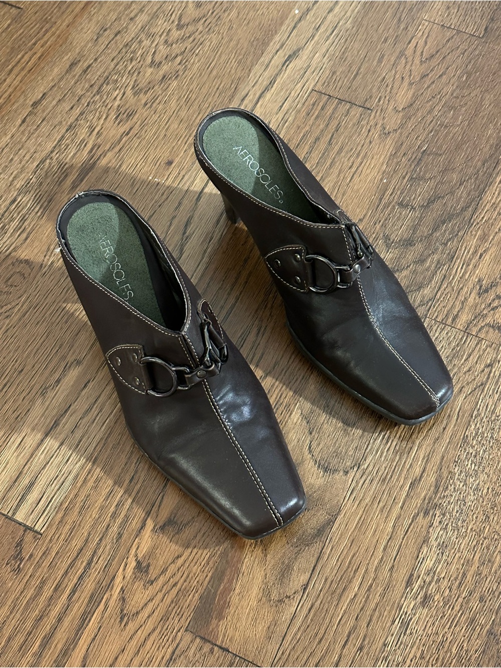 AEROSOLES Dark Brown Leather Mule with Metal Ring Detail